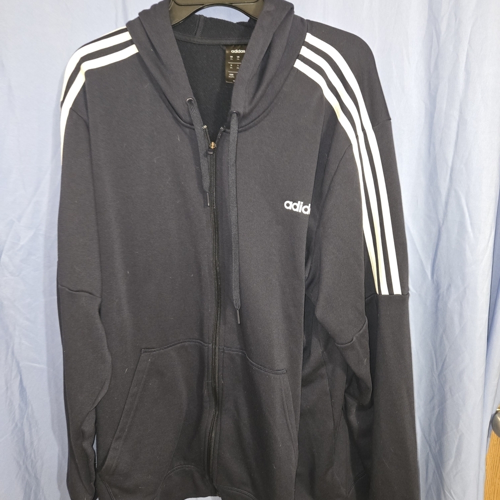 Adidas Men's Navy Hoodie Jacket with White Stripes